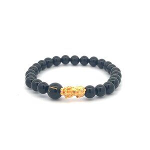 18K Gold Pixiu Piyao Bracelet Gemstones Onyx 6mm Elastic Bracelet Letter L